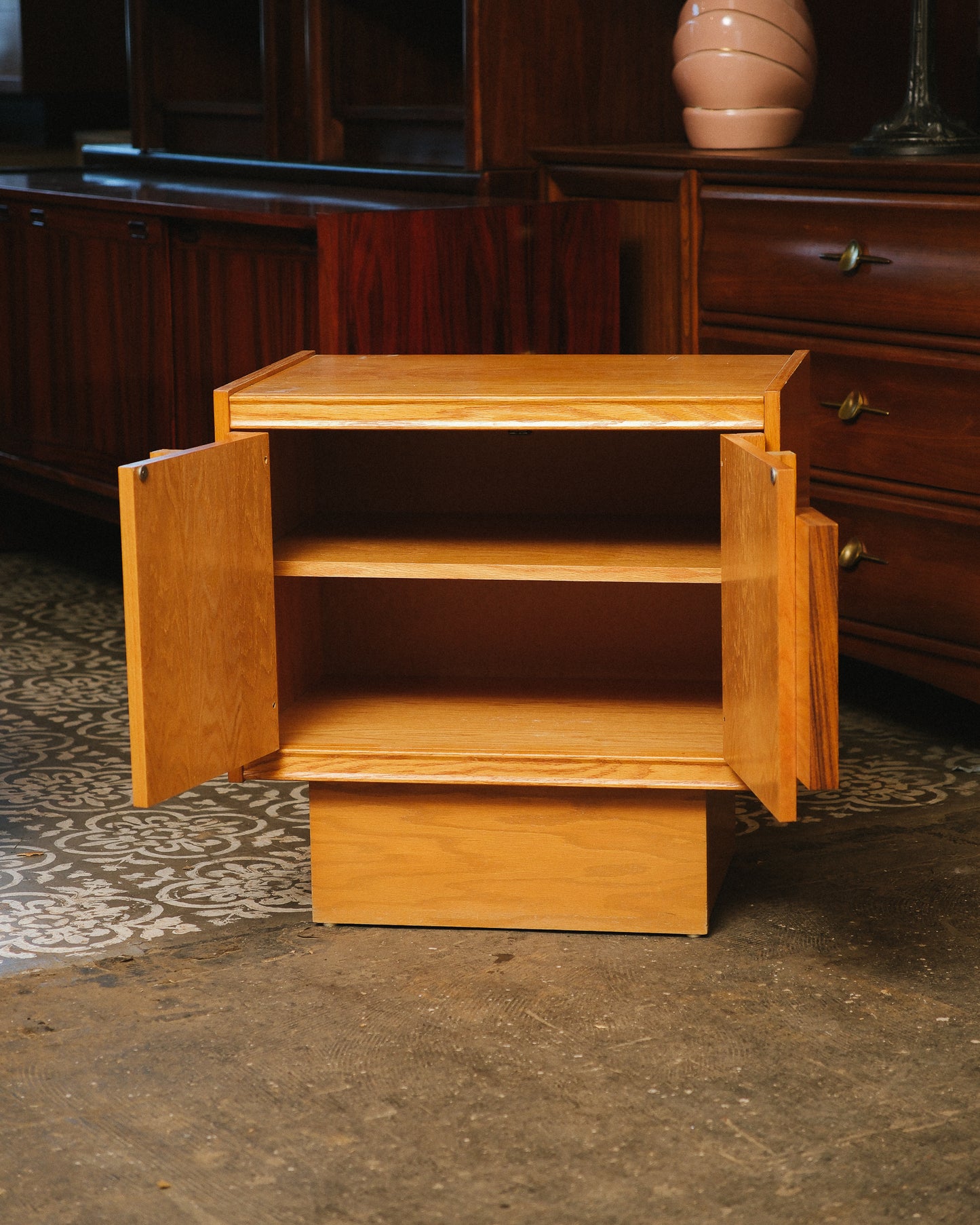 MCM Oak & Rosewood Brutalist Nightstand Set