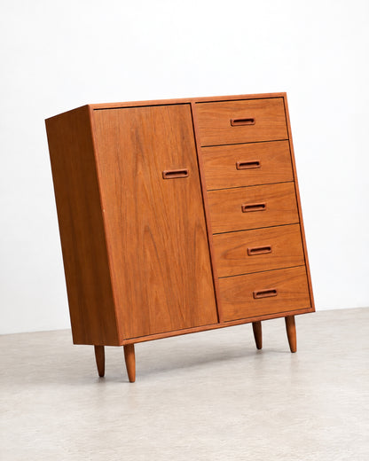 Front angled studio view of the gentleman's chest showing door, drawers, and tapered legs.