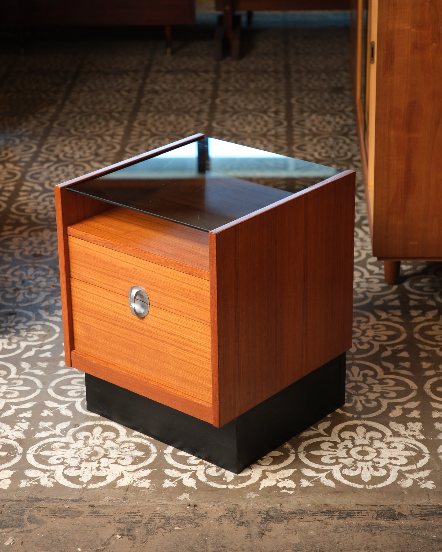 MCM Teak Nightstand Set with Smoked Glass by Heltborg Møbler