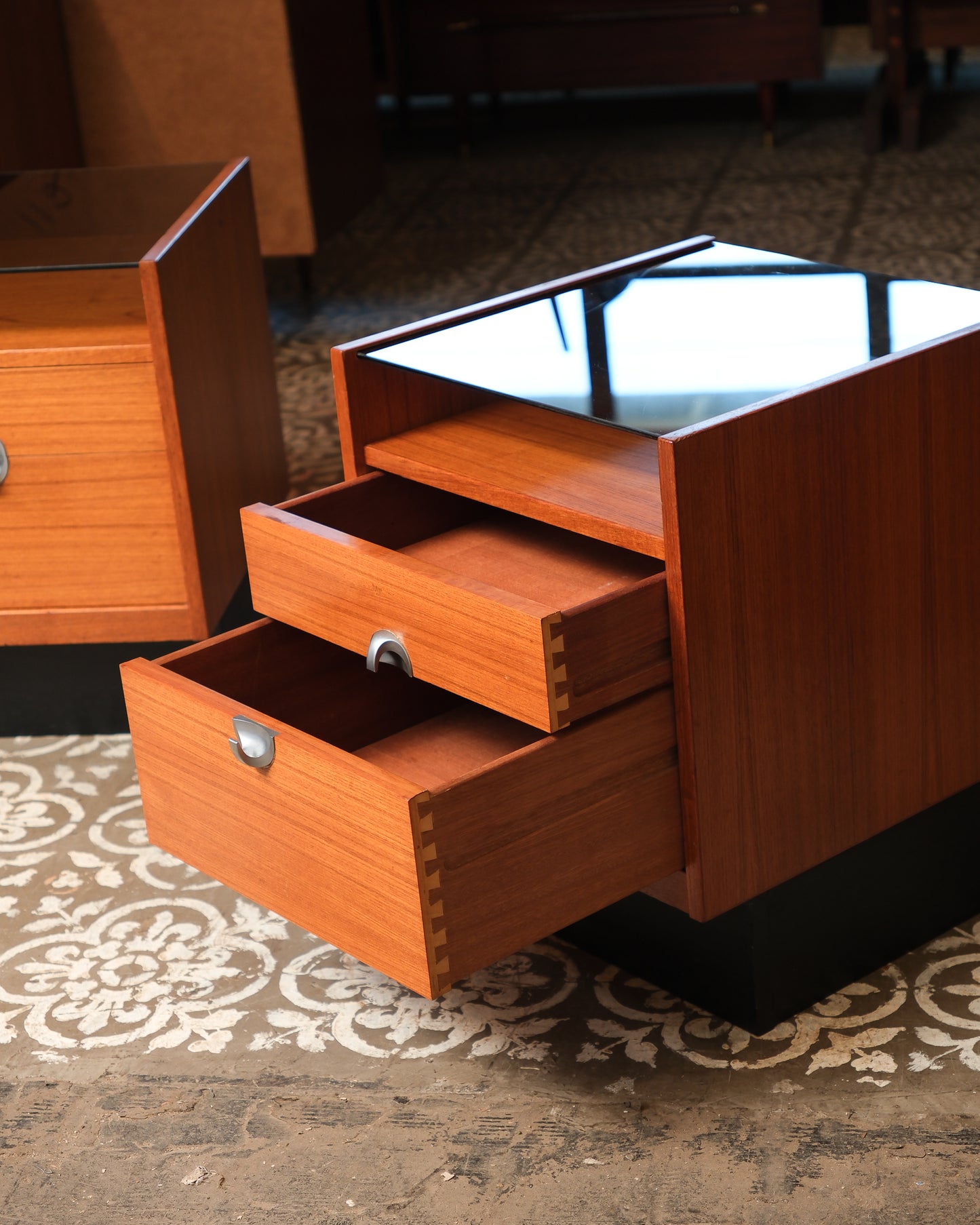 MCM Teak Nightstand Set with Smoked Glass by Heltborg Møbler
