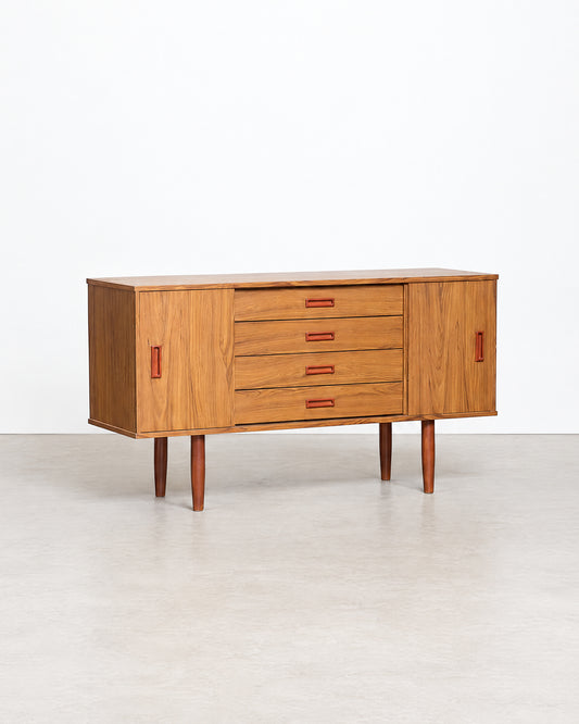 Full studio shot of the teak sideboard against a white background.