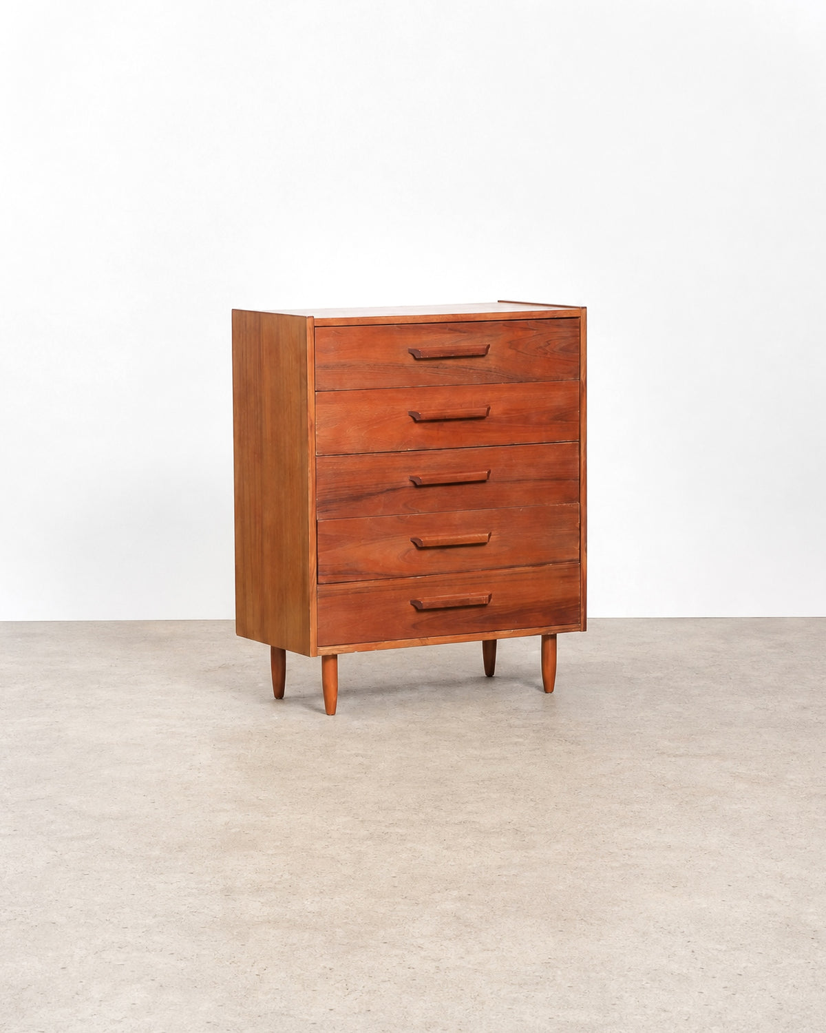 Mid-century modern teak tallboy dresser on a plain white background — rich teak grain and Scandinavian lines