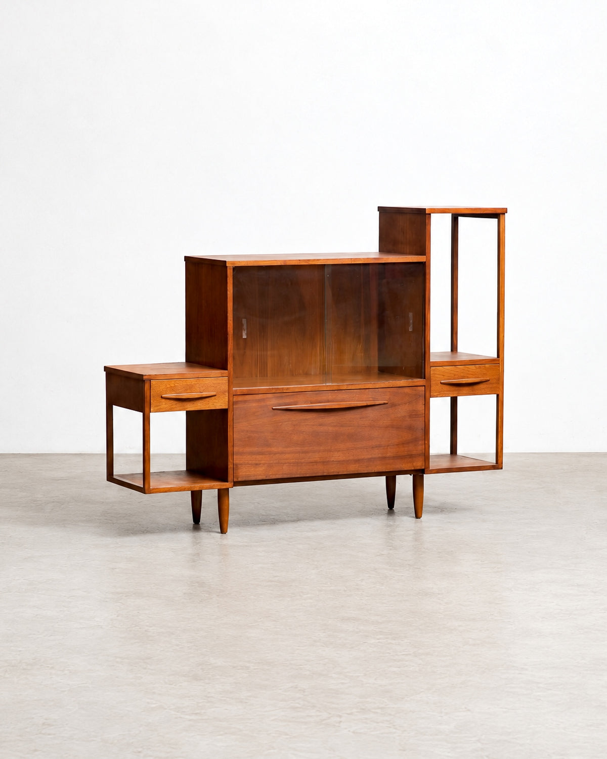 Additional detail view of the walnut display cabinet showing construction and surface character.