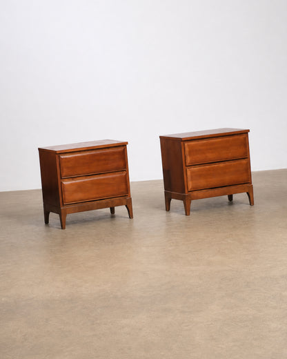 Pair of walnut nightstands shown together against a plain background, front and side angles.