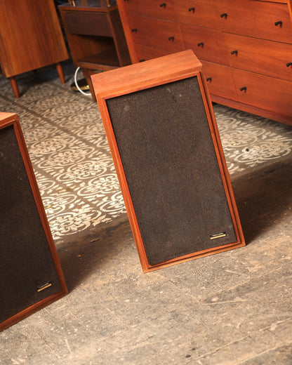 One speaker with its cloth grille reattached, shown leaning against a dresser, showing the Realistic badge.