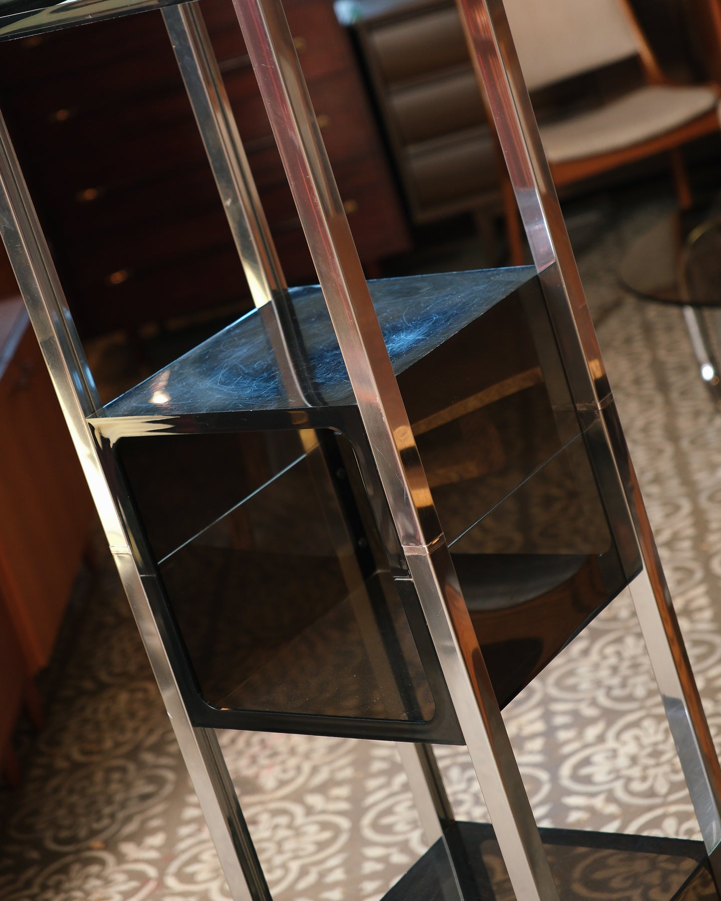 Vintage Space Age Smoked Acrylic & Chrome Display Shelf (1970s)