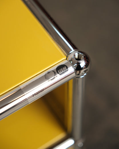Detail of the USM Haller logo and safety label engraved on the chrome tubing.