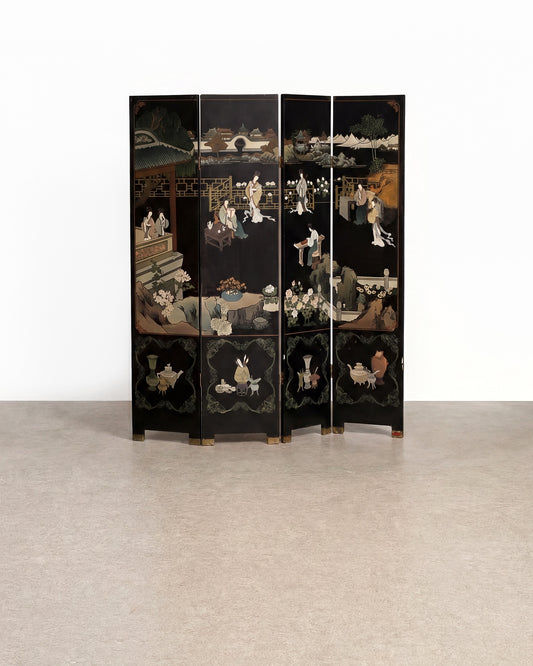 Vintage Oriental Four-Panel Carved Soapstone Coromandel Screen